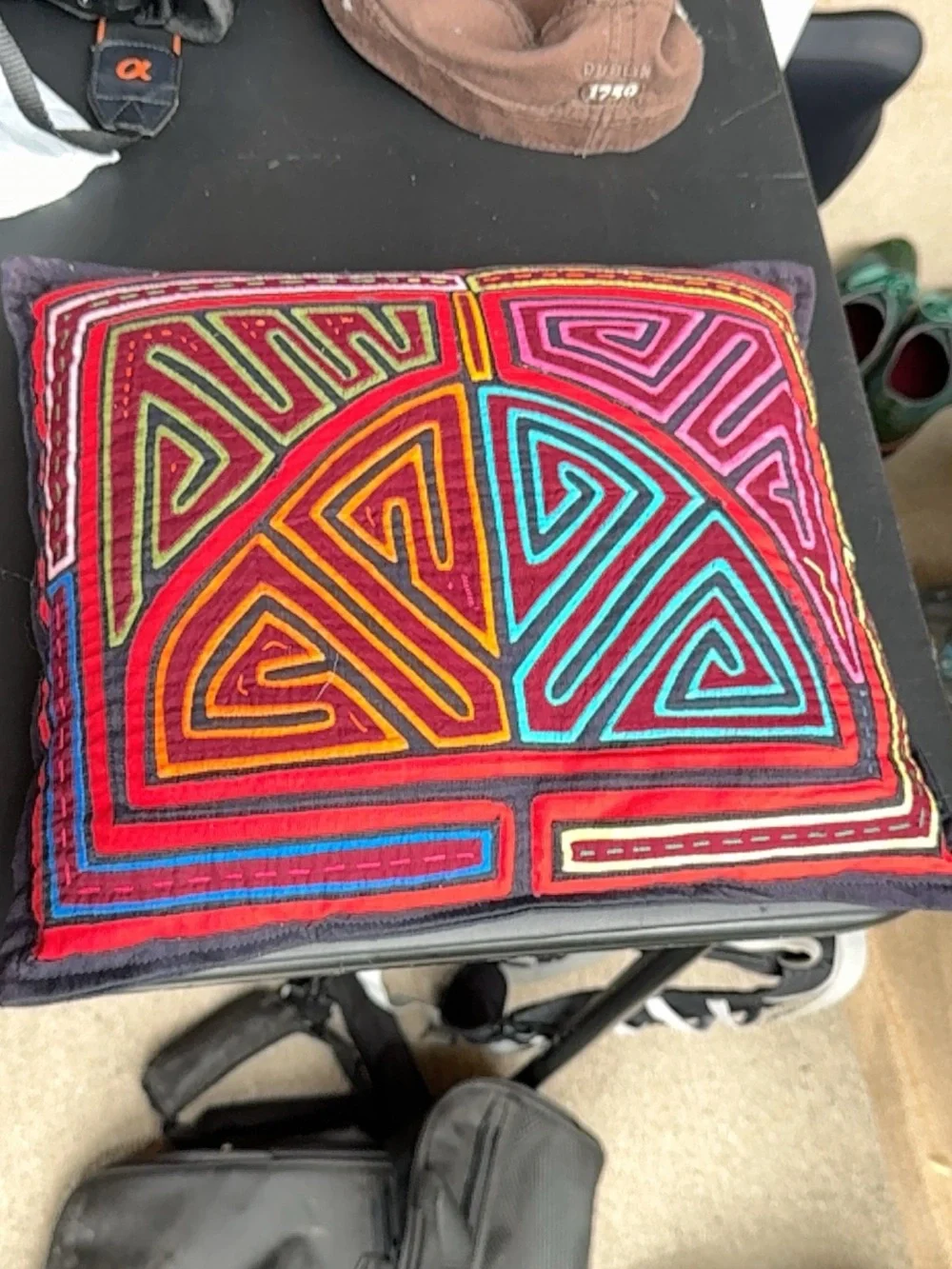 Vibrant Mola Geometric Embroidered Pillow from Panama - Multicolor